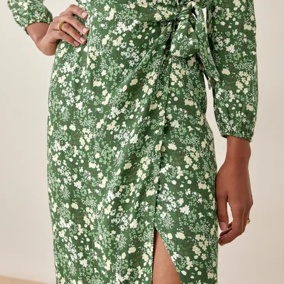 Reformation Reza Dress Green with floral Wrap Dress with Bishop Sleeves - Picture 3 of 8